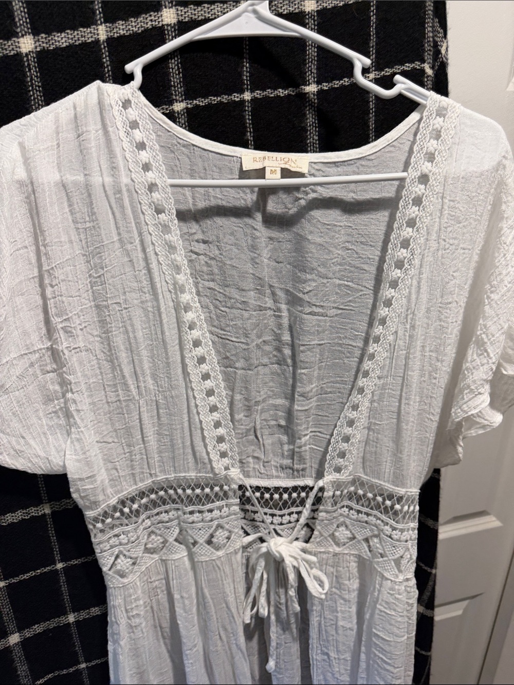 Rebellion Again White Crochet-Trim Tie-Front Beach Bathing Suit Cover Up- Medium